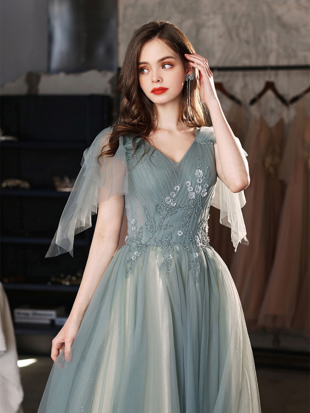 Green v neck tulle lace long prom dress green tulle formal dress