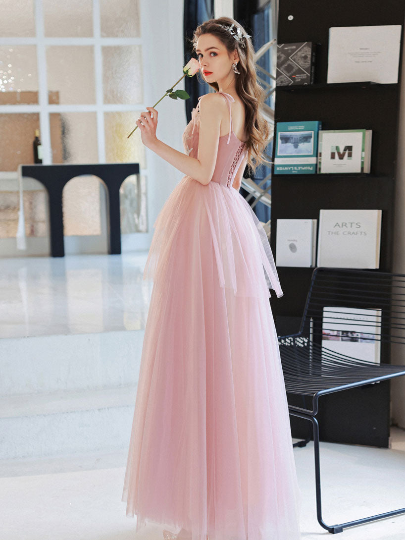 Pink tulle long prom dress, pink A line tulle lace graduation dress