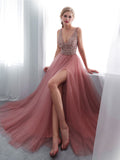 Pink A line v neck beads long prom dress pink tulle formal evening dress