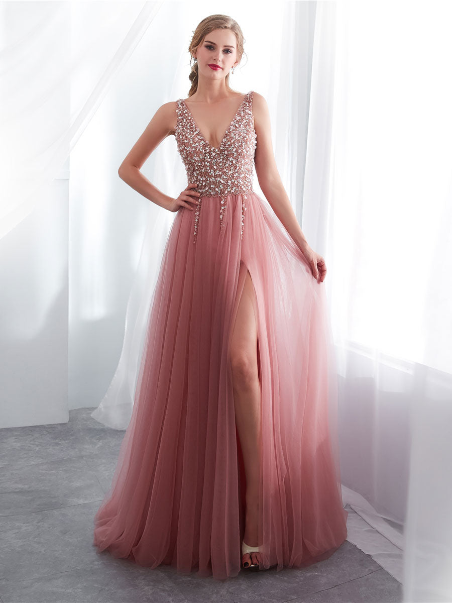 Pink A line v neck beads long prom dress pink tulle formal evening dress