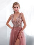 Pink A line v neck beads long prom dress pink tulle formal evening dress