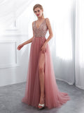 Pink A line v neck beads long prom dress pink tulle formal evening dress