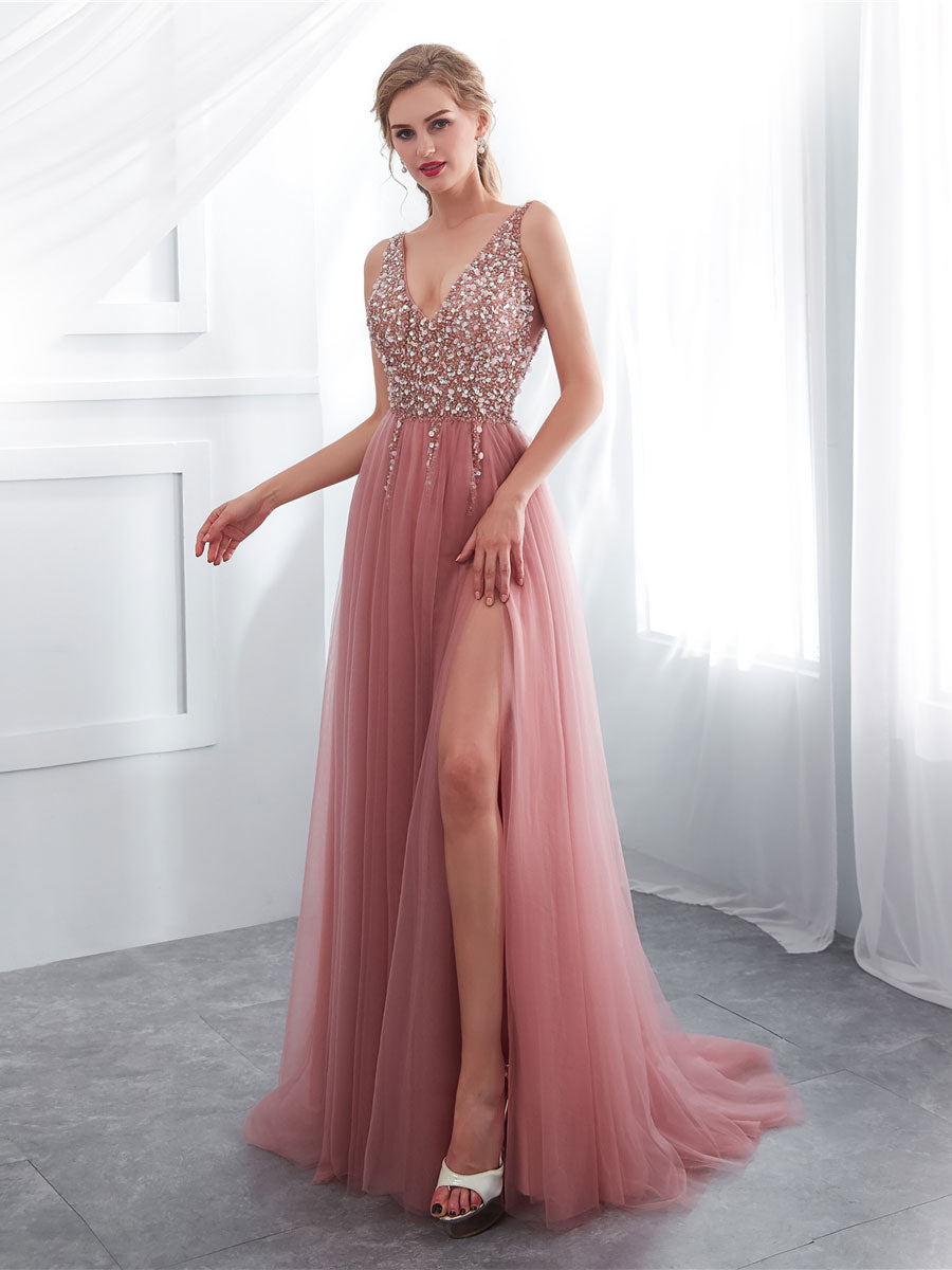 Pink A line v neck beads long prom dress pink tulle formal evening dress