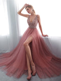 Pink A line v neck beads long prom dress pink tulle formal evening dress