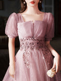 Pink tulle sequin short prom dress pink tulle formal dress