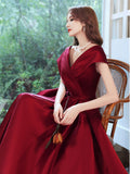 Burgundy v neck satin long prom dress, burgundy evening dress