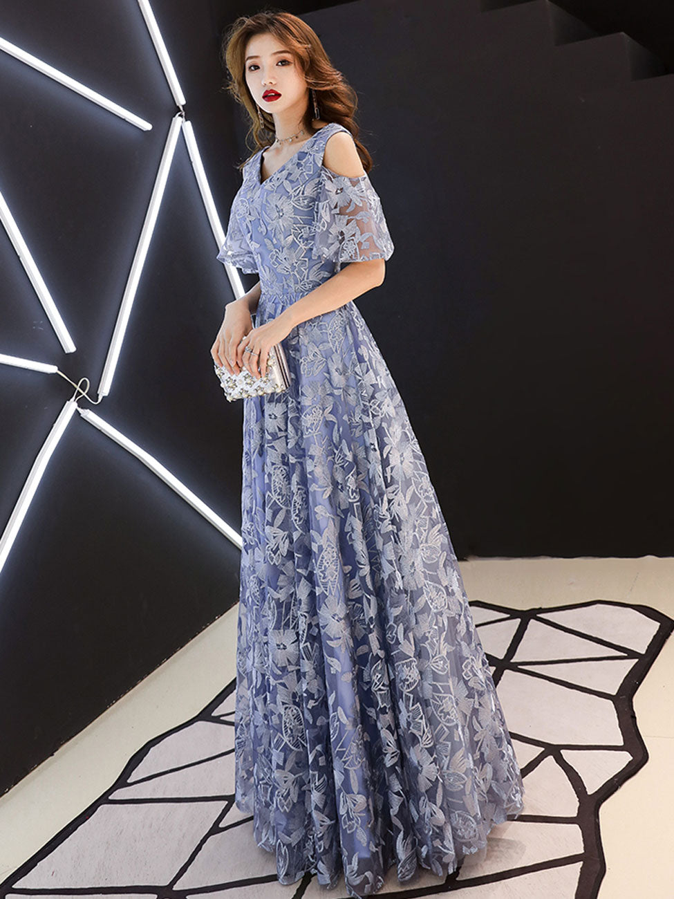 Aline V Neck Lace Long Prom Dress, Blue Formal Graduation Dress