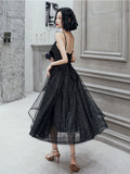 Simple v neck black tulle short prom dress, black party dress