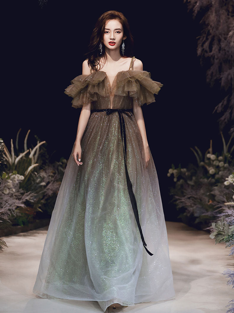 Elegant A line tulle long prom dress, tulle formal party dress