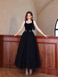Black sweetheart neck tulle long prom dress, black evening dress