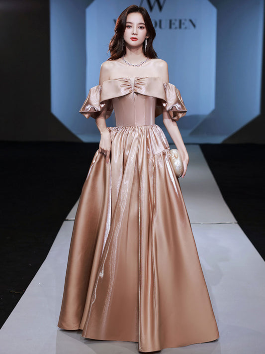 Simple off shoulder satin long prom dress, champagne evening dress
