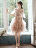 Champagne tulle lace short prom dress, champagne homecoming dress