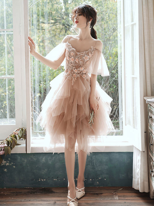 Champagne tulle lace short prom dress, champagne homecoming dress