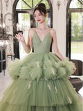 Green v neck tulle long prom dress, green tulle sweet 16 dress