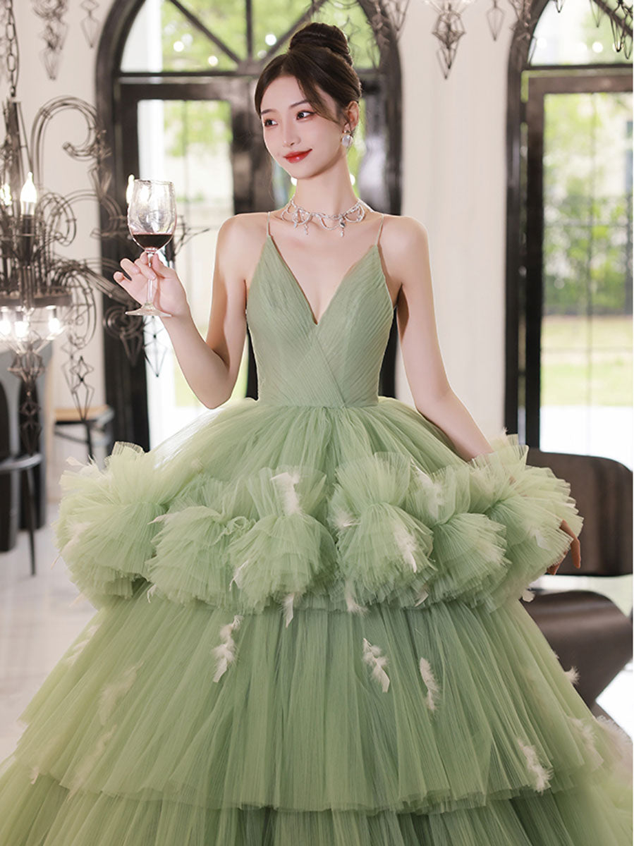 Green v neck tulle long prom dress, green tulle sweet 16 dress