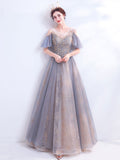 A-Line Scoop Neckline Gray Long Prom Dress, Tulle Lace Evening Dresses