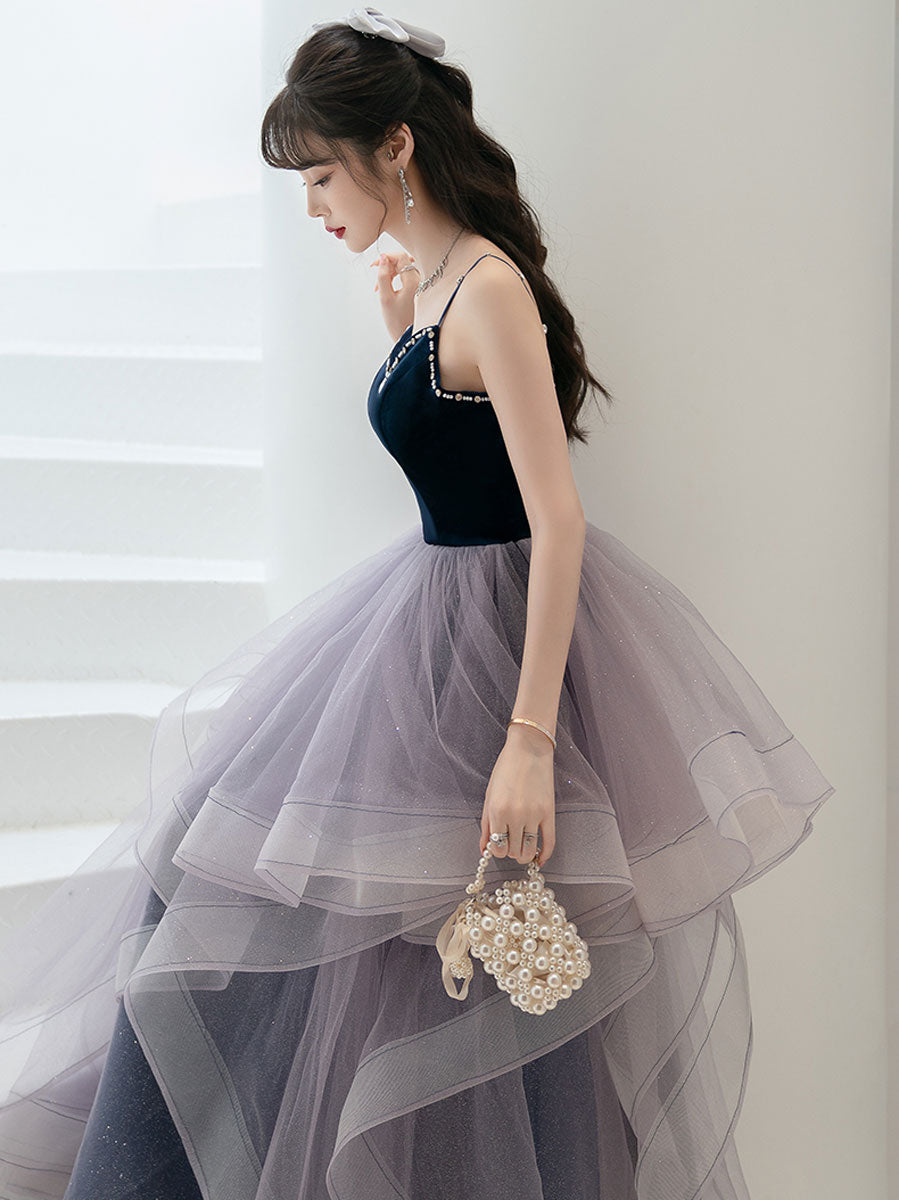 Purple sweetheart neck tulle long prom dress, purple evening dress