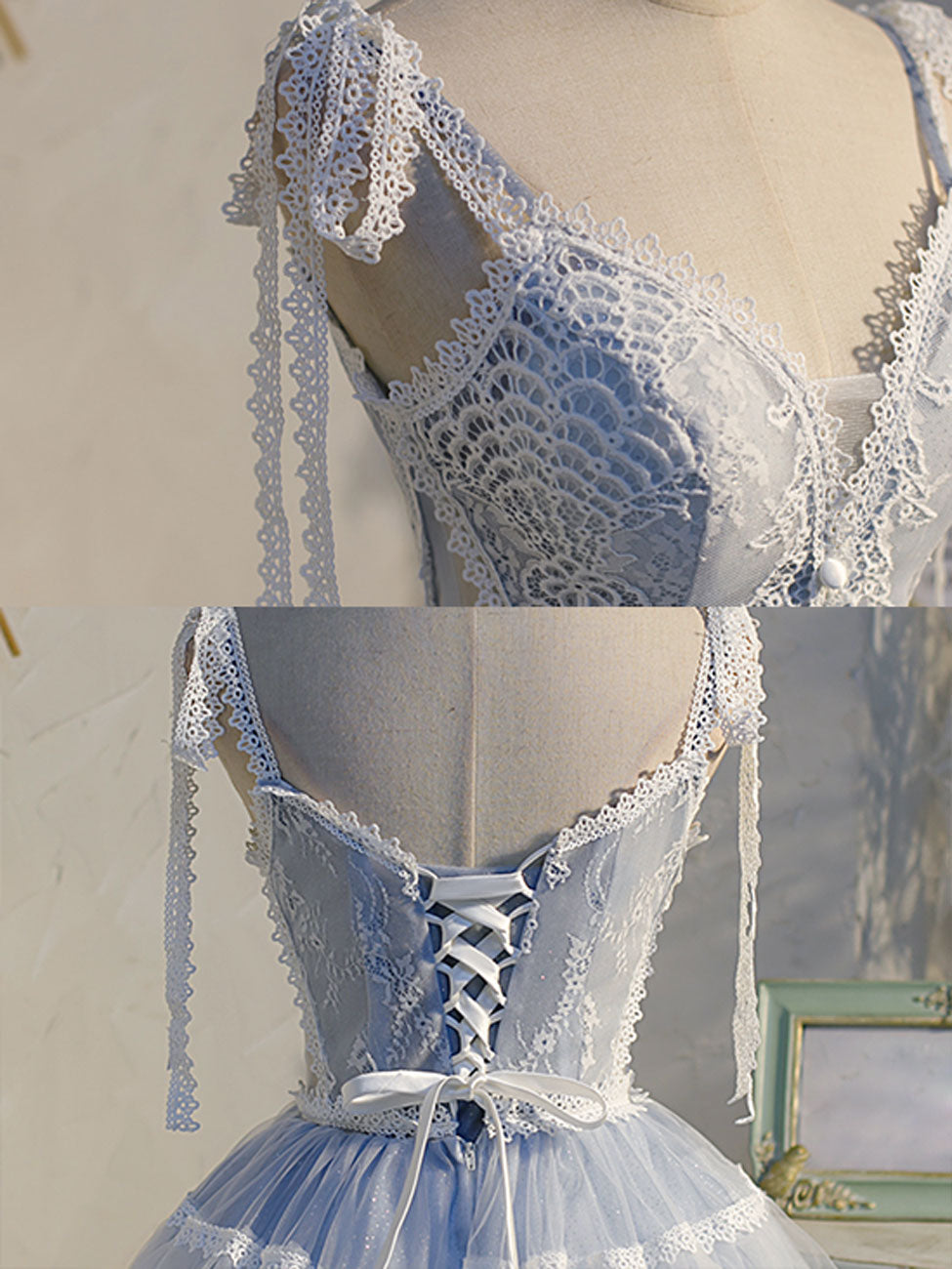 Blue Short Prom Dresses, Aline Lace v Neck Blue Homecoming Dresses