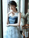 Aline tulle sequin long prom dress blue tulle long evening dress