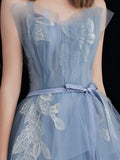Blue tulle lace long prom dress, blue tulle lace evening dress