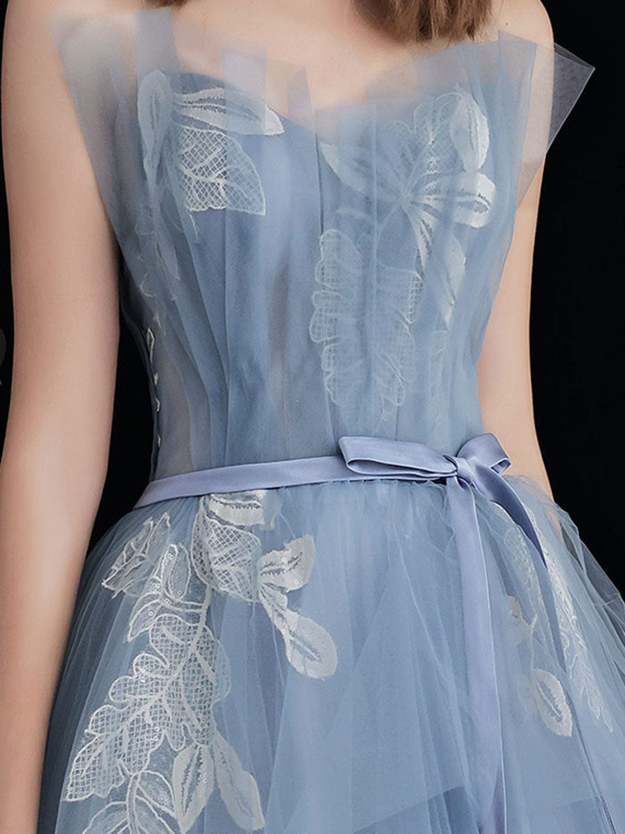 Blue tulle lace long prom dress, blue tulle lace evening dress