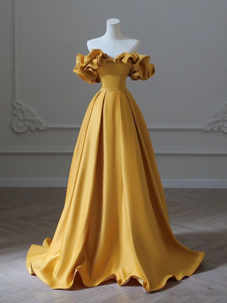Yellow A-Line Satin Long Prom Dresses, Yellow Long Evening Dress