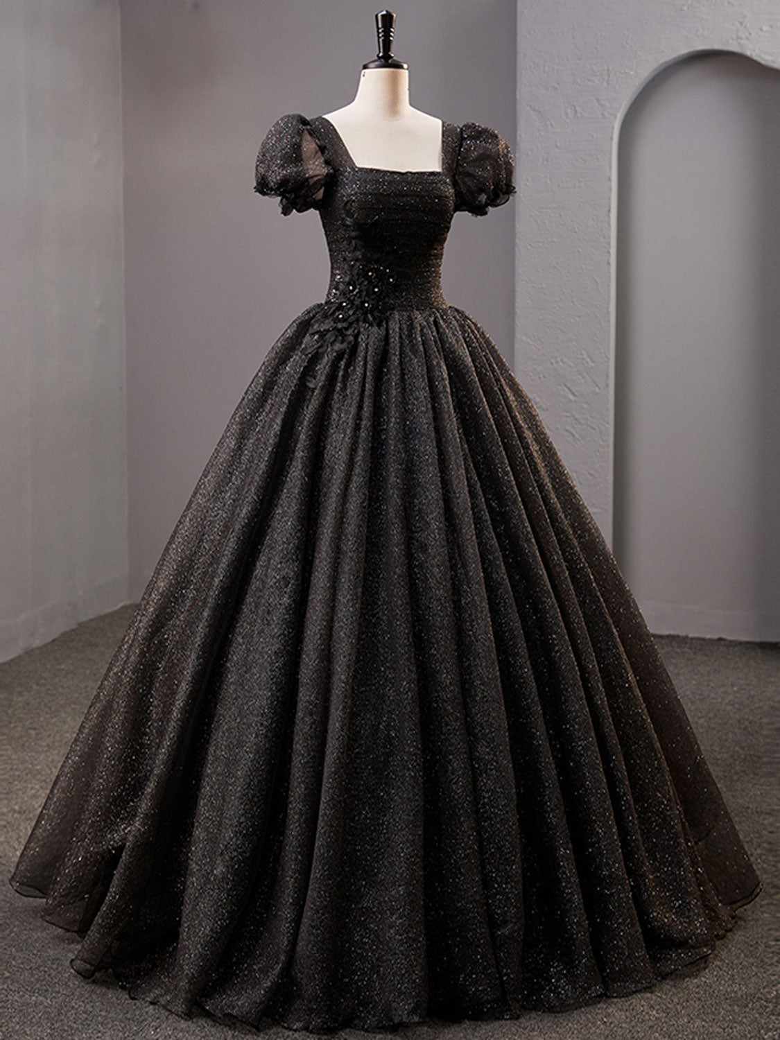 Black Square Neckline Tulle Long Prom Dress, Shiny Black Evening Dresses