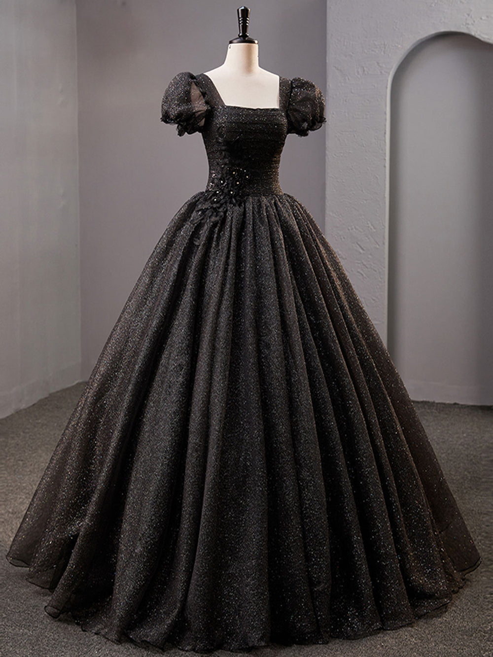 Black Square Neckline Tulle Long Prom Dress, Shiny Black Evening Dresses