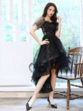 Black tulle high low prom dress , black lace homecoming dress