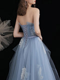 Blue tulle lace long prom dress, blue tulle lace evening dress