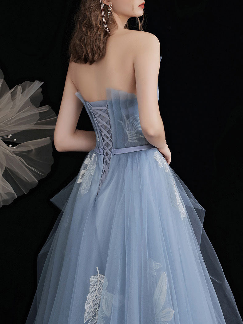 Blue tulle lace long prom dress, blue tulle lace evening dress