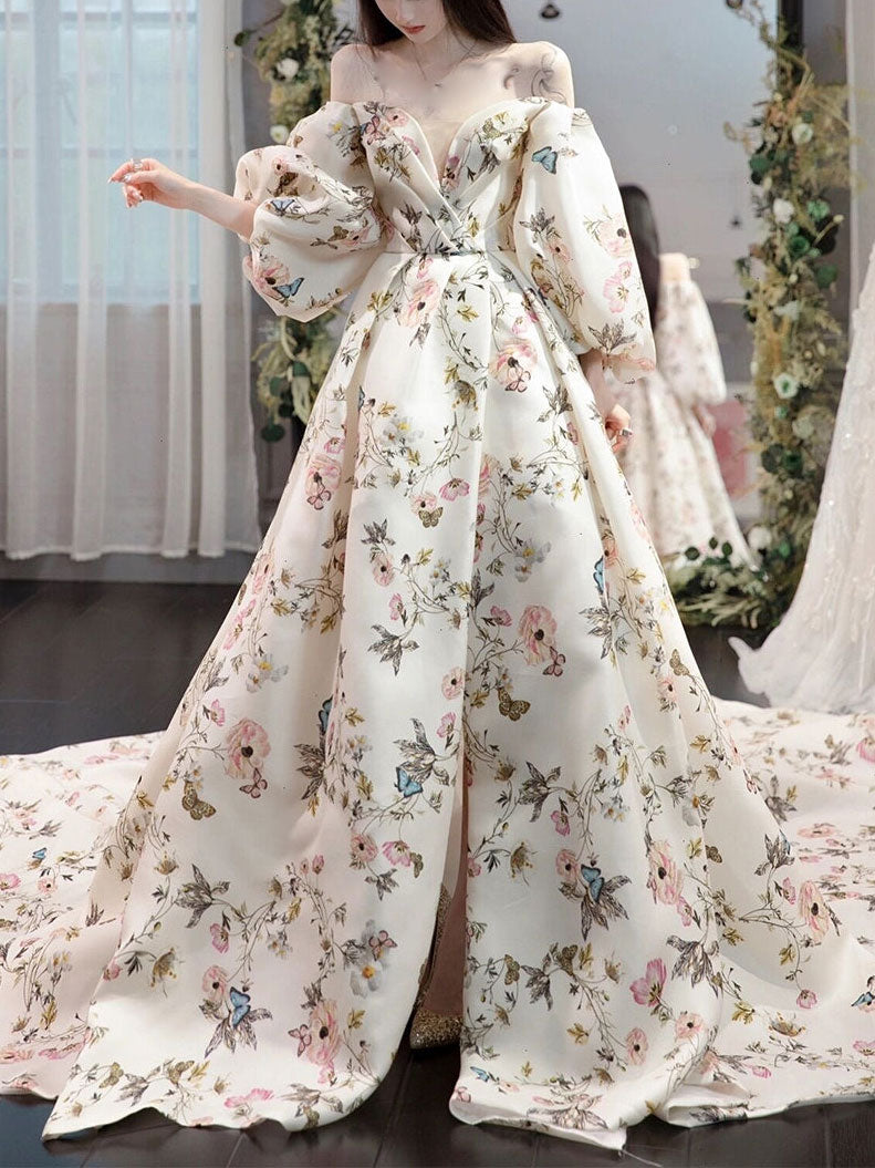 Unique puff sleeves satin long prom dress, puff satin long evening dress