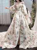 Unique puff sleeves satin long prom dress, puff satin long evening dress