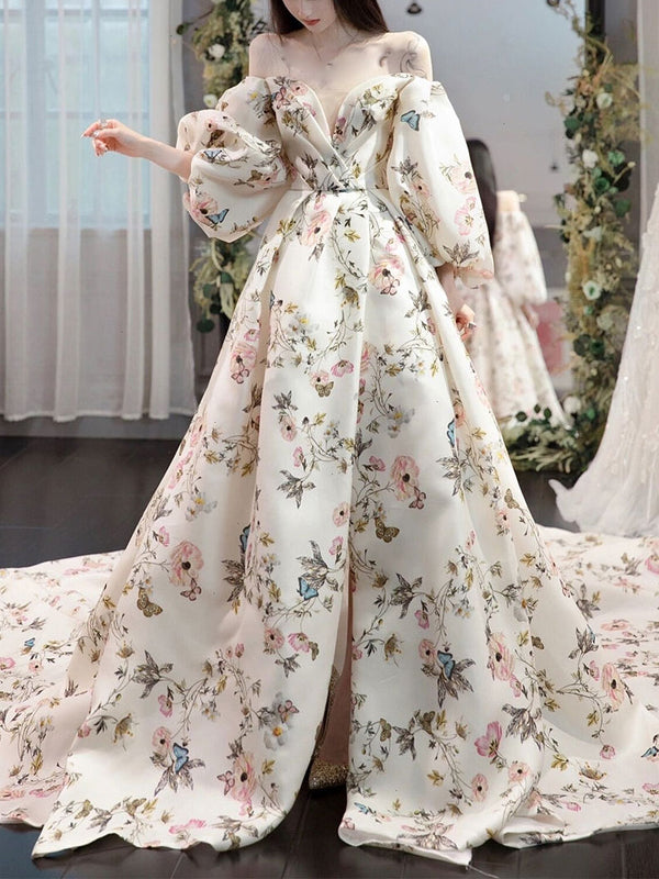 Unique puff sleeves satin long prom dress, puff satin long evening dress