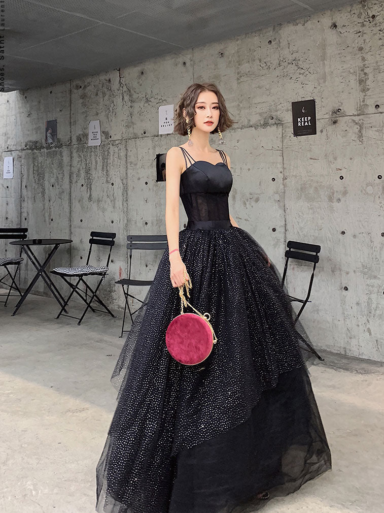 Black tulle sequin long prom dress, black tulle formal dress