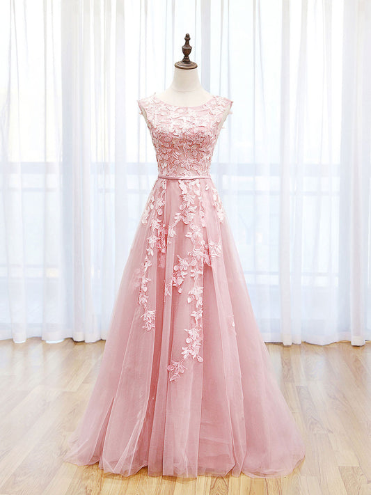 A-Line Lace Pink Long Prom Dress, Pink Lace Long Formal Dress Party Dress
