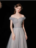 Gray Aline tulle long prom dress gray tulle formal party dress