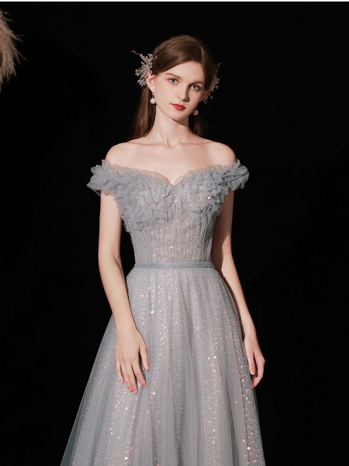 Gray Aline tulle long prom dress gray tulle formal party dress