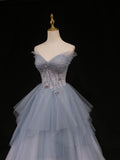 Blue A line sweetheart neck tulle long prom dress blue formal dress