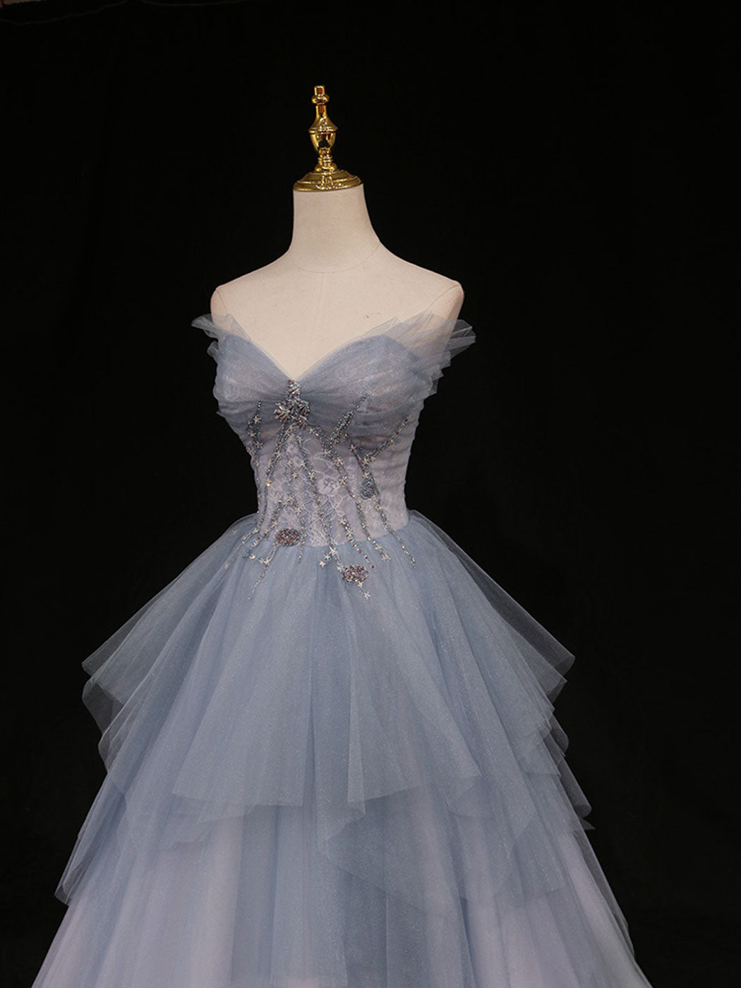 Blue A line sweetheart neck tulle long prom dress blue formal dress