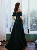 Green A line velvet long prom dress, green evening dress