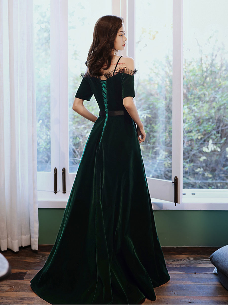Green A line velvet long prom dress, green evening dress