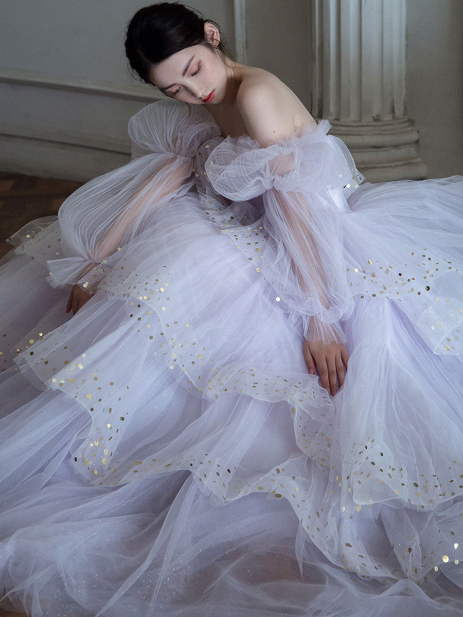 Purple tulle sequin long prom dress, purple tulle evening dress