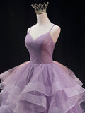 Purple v neck tulle sequin long prom dress, purple tulle formal dress