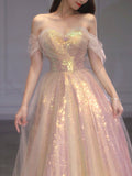 Unique A line tulle long prom dress tulle formal evening dress