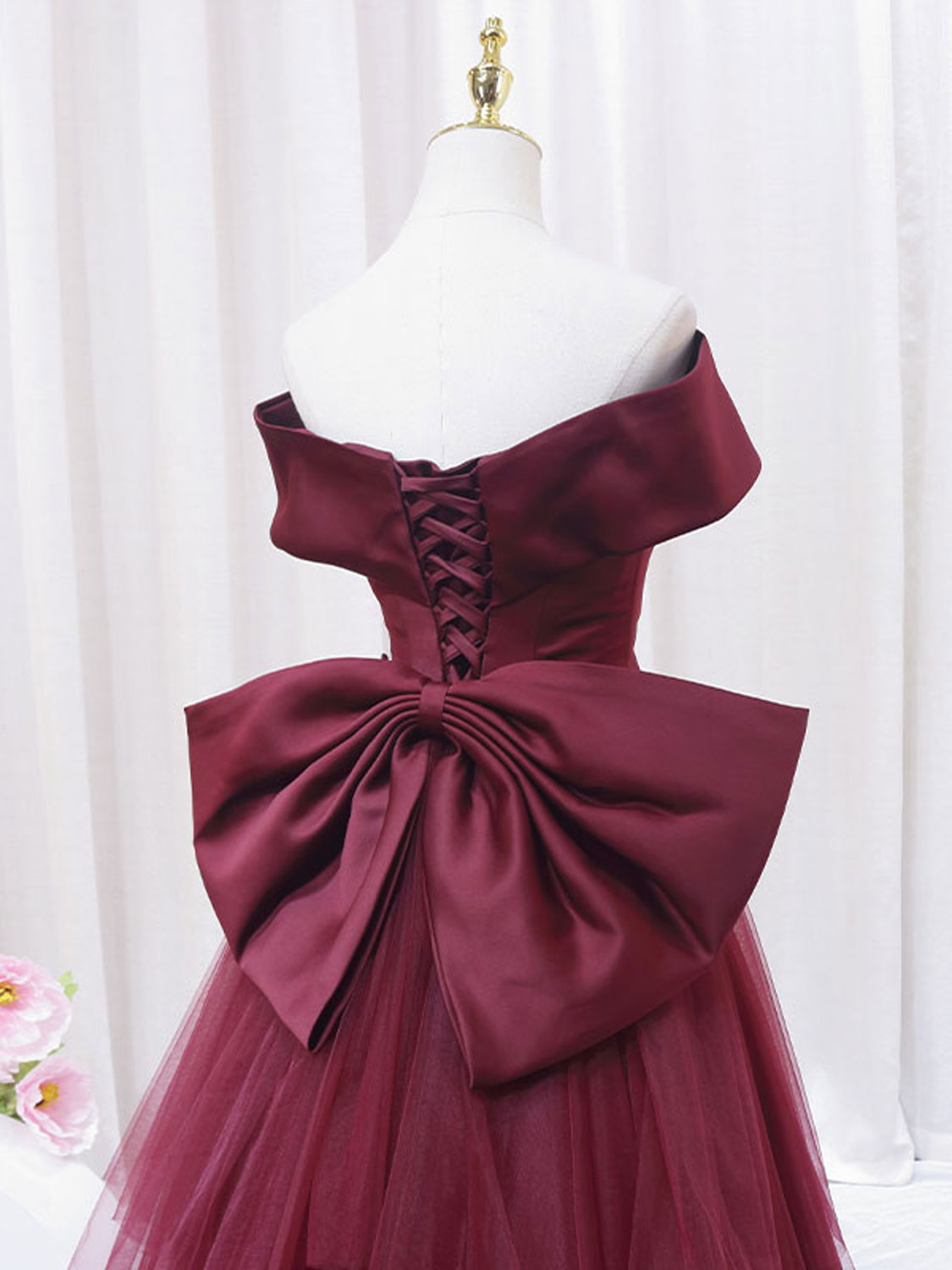 Burgundy Mermaid Tulle Long Prom Dress