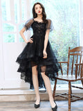 Black tulle high low prom dress , black lace homecoming dress