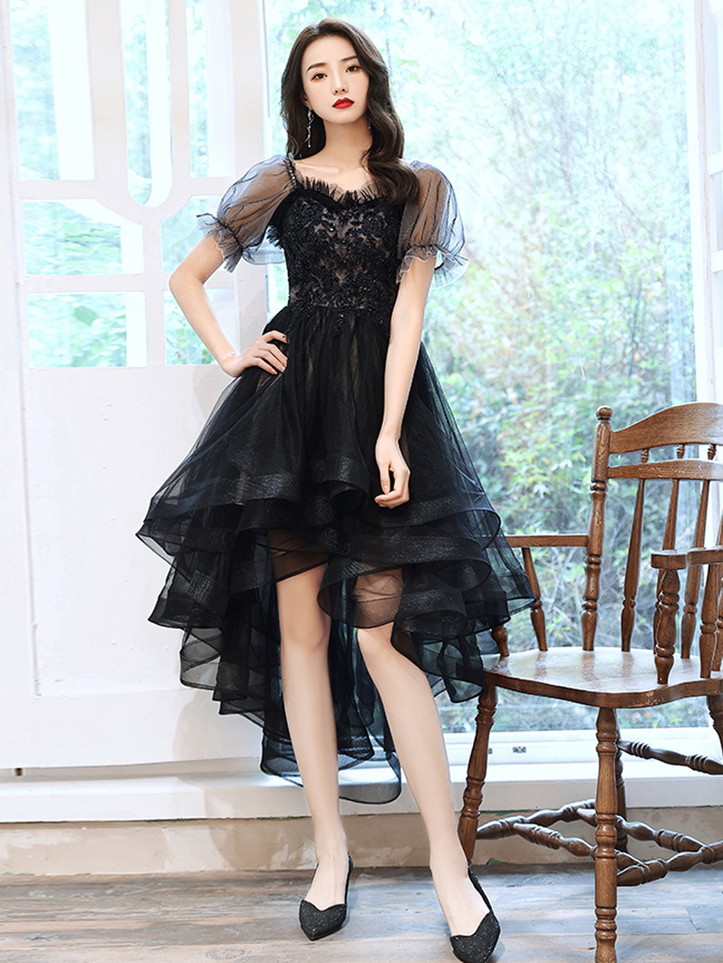 Black tulle high low prom dress , black lace homecoming dress