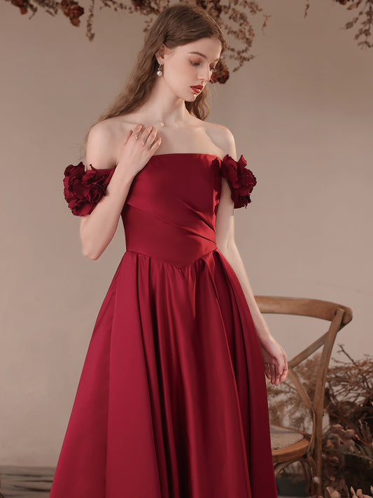 Burgundy A-Line Off Shoulder Satin Long Prom Dress