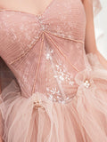 Pink tulle lace long prom dress, pink tulle evening dress